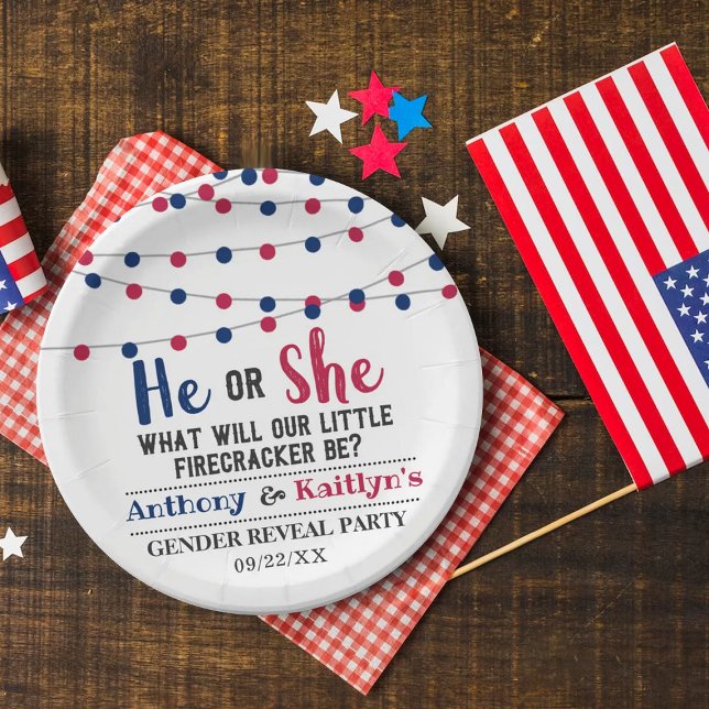 String Lights 4th Of July Gender Reveal Party Paper Plate (Creator Uploaded)