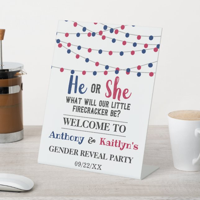 String Lights 4th Of July Gender Reveal Party Pedestal Sign (In SItu)