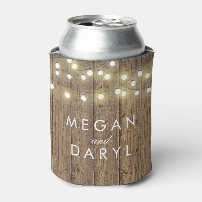 String Lights and Barn Wood Wedding Can Cooler (Can Front)