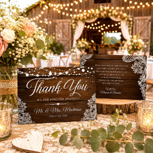 String Lights and Lace Rustic Wood Wedding Thank You Card