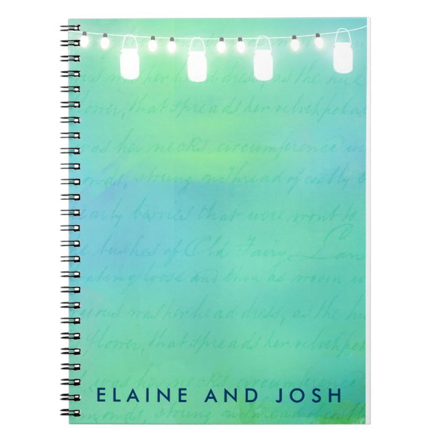String lights and mason jars in blue green notebook (Front)