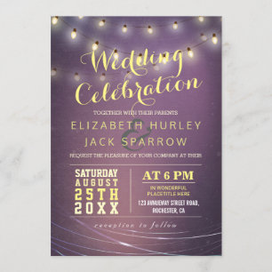 String Lights and Purple Grunge Background Wedding Invitation
