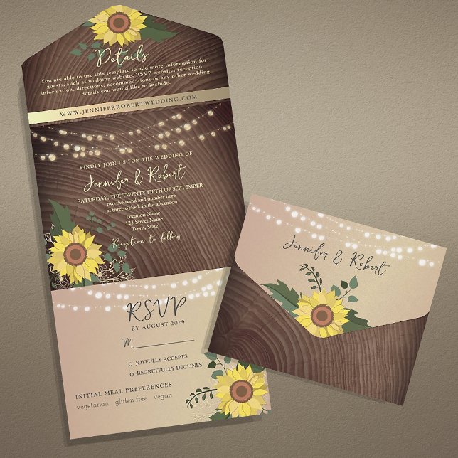 String Lights and Rustic Sunflower Wedding All In One Invitation (Creator Uploaded)