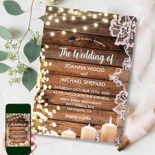 String Lights Baby's Breath & Lace Wood Wedding Invitation