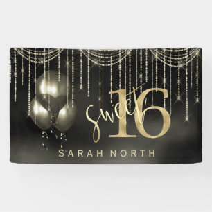 String Lights & Balloons Sweet 16 Black/Gold ID473 Banner