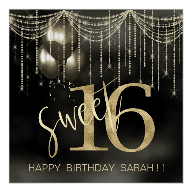 String Lights & Balloons Sweet 16 Black/Gold ID473 Poster (Front)