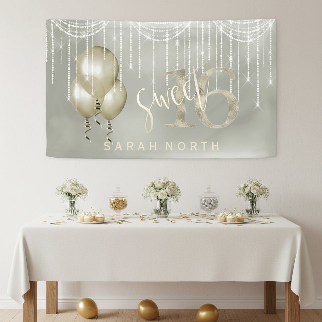 String Lights & Balloons Sweet 16 Champagne ID473 Banner (Creator Uploaded)