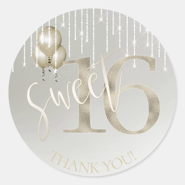 String Lights & Balloons Sweet 16 Champagne ID473 Classic Round Sticker (Front)