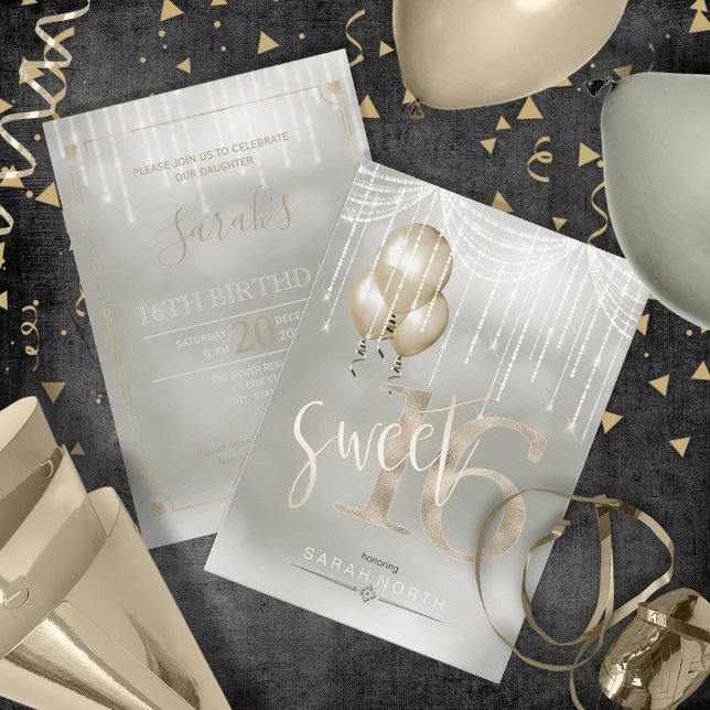 String Lights & Balloons Sweet 16 Champagne ID473 Invitation (Front/Back In Situ)