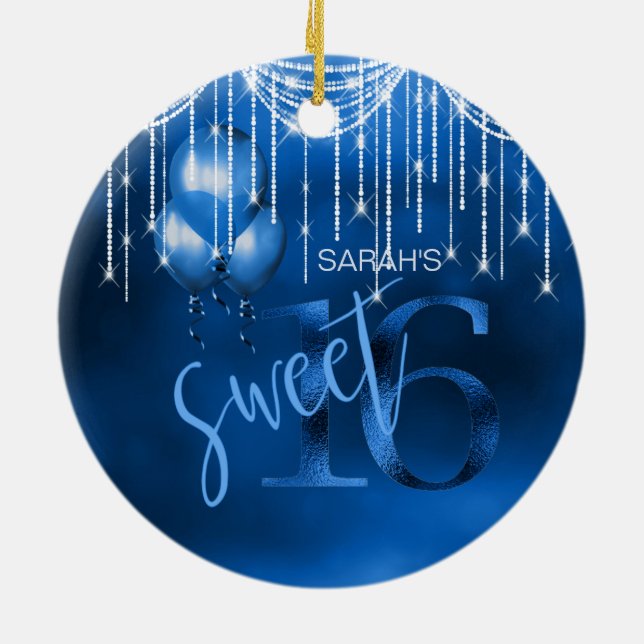 String Lights & Balloons Sweet 16 Dk Blue ID473 Ceramic Ornament (Back)