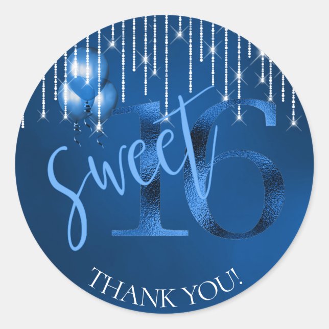 String Lights & Balloons Sweet 16 Dk Blue ID473 Classic Round Sticker (Front)
