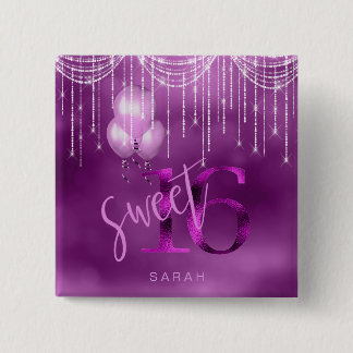 String Lights & Balloons Sweet 16 Orchid ID473 2 Inch Square Button
