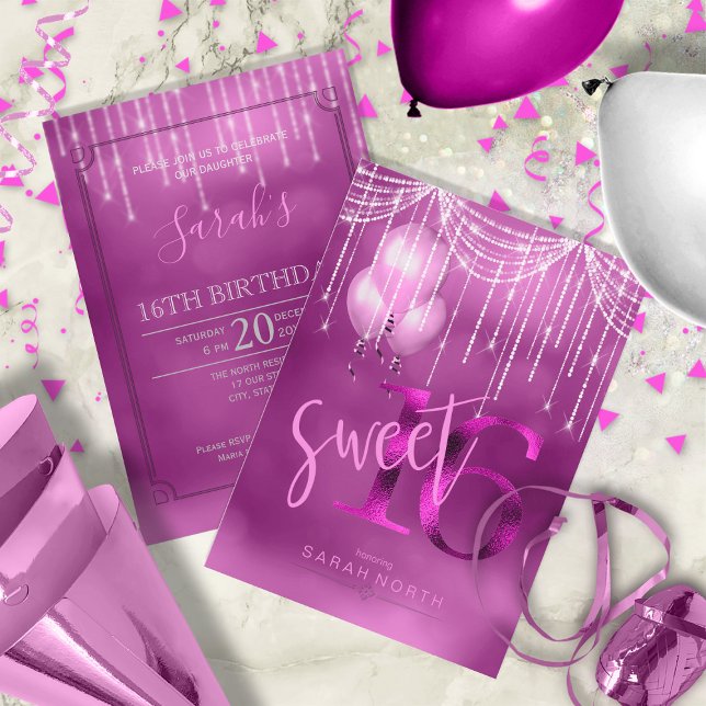 String Lights & Balloons Sweet 16 Orchid ID473 Invitation (Front/Back In Situ)