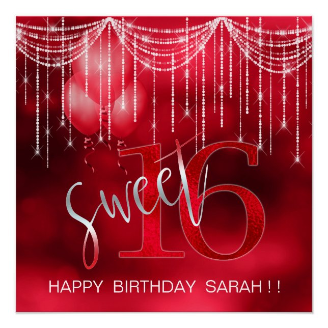 String Lights & Balloons Sweet 16 Red ID473 Poster (Front)