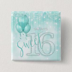 String Lights & Balloons Sweet 16 Teal ID473 2 Inch Square Button