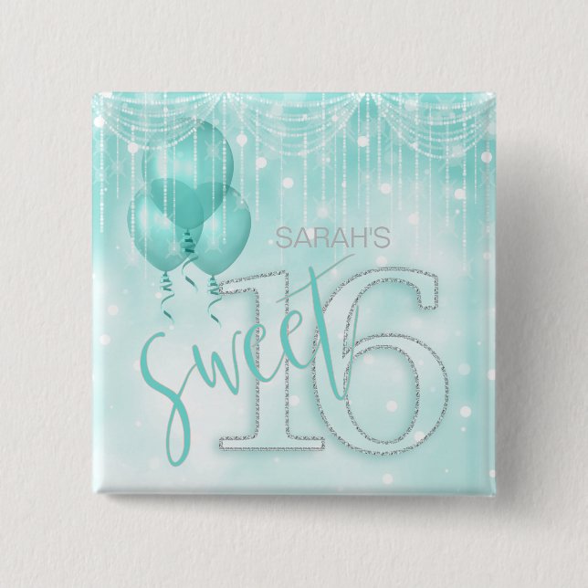 String Lights & Balloons Sweet 16 Teal ID473 2 Inch Square Button (Front)