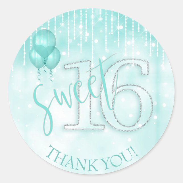 String Lights & Balloons Sweet 16 Teal ID473 Classic Round Sticker (Front)