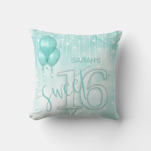 String Lights & Balloons Sweet 16 Teal ID473 Throw Pillow (Front)