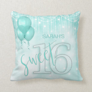 String Lights & Balloons Sweet 16 Teal ID473 Throw Pillow