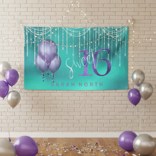 String Lights & Balloons Sweet 16 TealPurple ID473 Banner