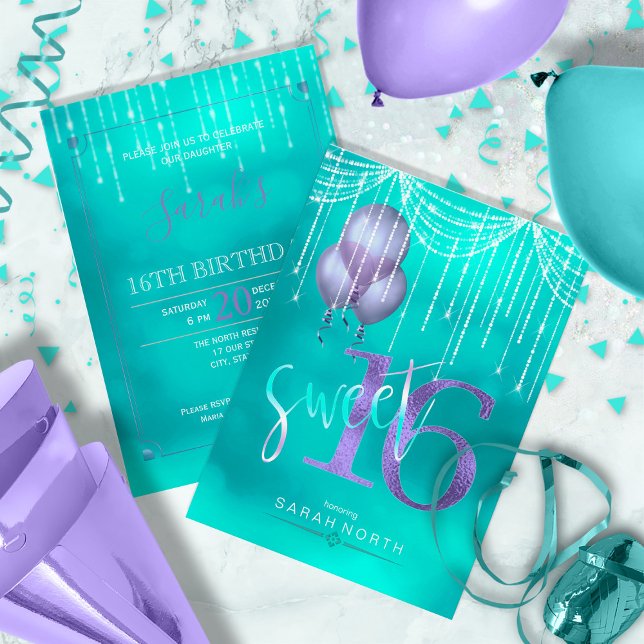 String Lights & Balloons Sweet 16 TealPurple ID473 Invitation (Back/Front In Situ)