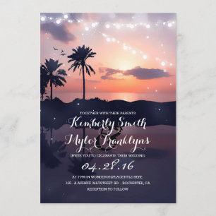 String Lights Beach Palms Sunset Wedding Invitation