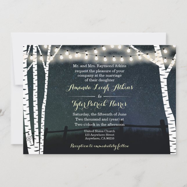 String Lights Birch Tree Wedding Invitations (Front)
