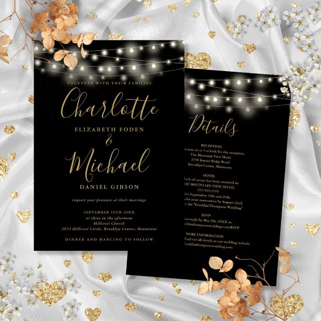 String Lights Black And Gold All In One Wedding Invitation (String Lights Black And Gold All In One Wedding Invitation)
