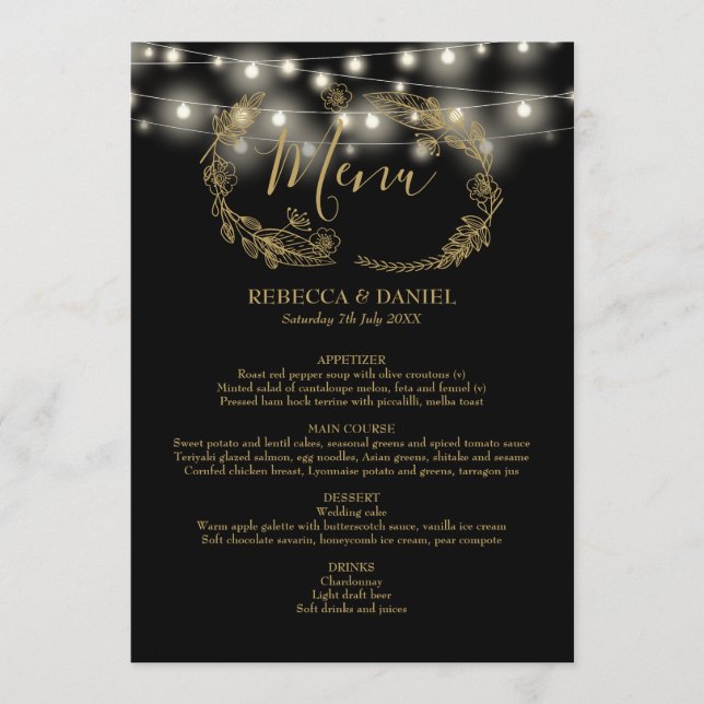 String Lights Black And Gold Floral Wedding Menu (Front)