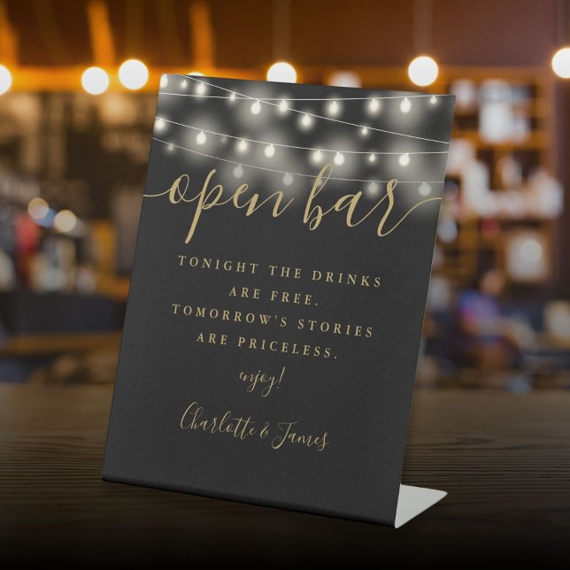 String Lights Black And Gold Signature Open Bar Pedestal Sign (String Lights Black And Gold Signature Open Bar Pedestal Sign)
