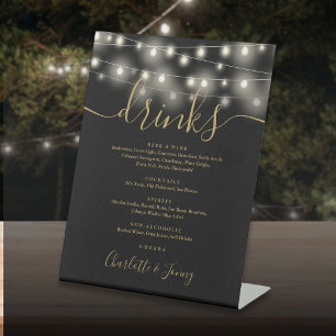 String Lights Black And Gold Wedding Drinks Menu  Pedestal Sign
