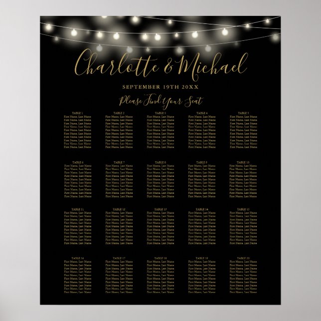 String Lights Black And Gold Wedding Seating Chart (Front)