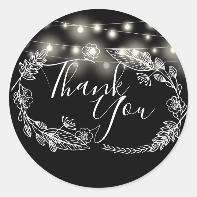 String Lights Black And White Floral Thank You Classic Round Sticker (Front)
