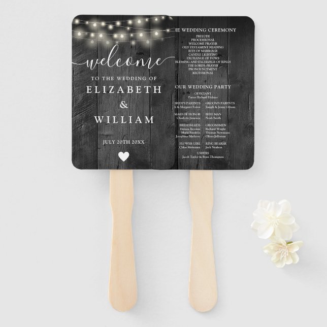 String Lights Black Barn Wood Wedding Program Hand Fan (Front and Back)