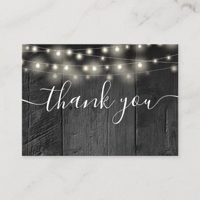 String Lights Black Barn Wood Wedding Thank You Place Card (Front)