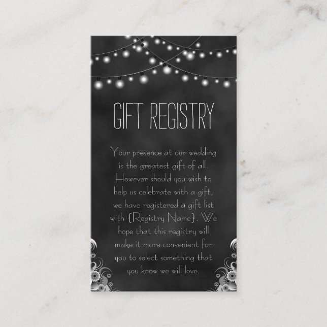 String Lights Black Chalkboard Gift Registry Enclosure Card (Front)
