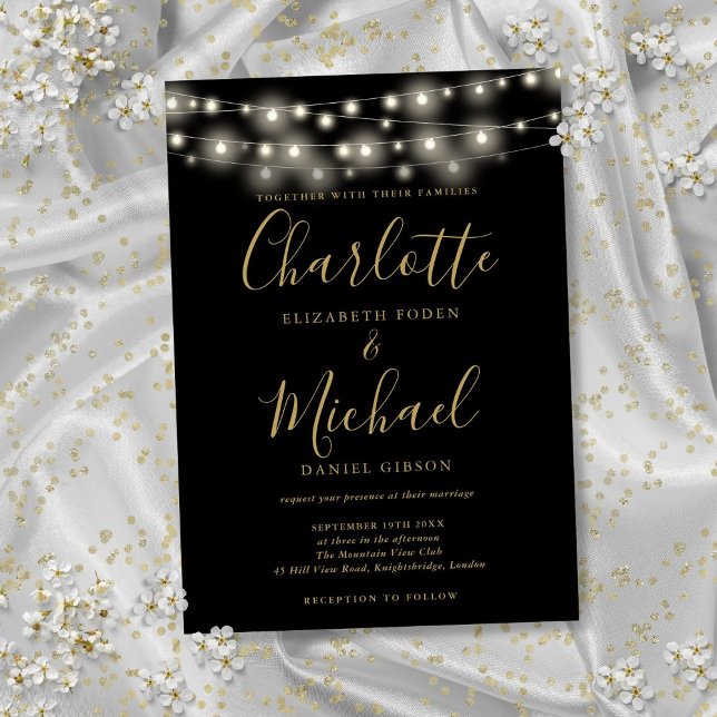 String Lights Black Gold Elegant Script Wedding  Invitation (String Lights Black Gold Elegant Script Wedding Invitation)