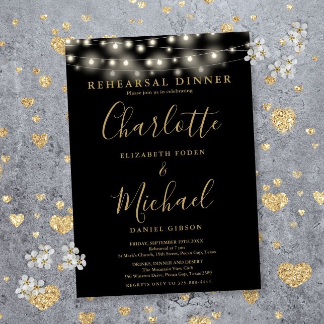 String Lights Black Gold Script Rehearsal Dinner Invitation (String Lights Black Gold Script Rehearsal Dinner Invitation)