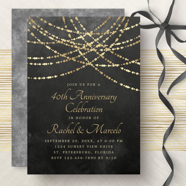 String Lights Black Gold Wedding Anniversary Invitation (Creator Uploaded)