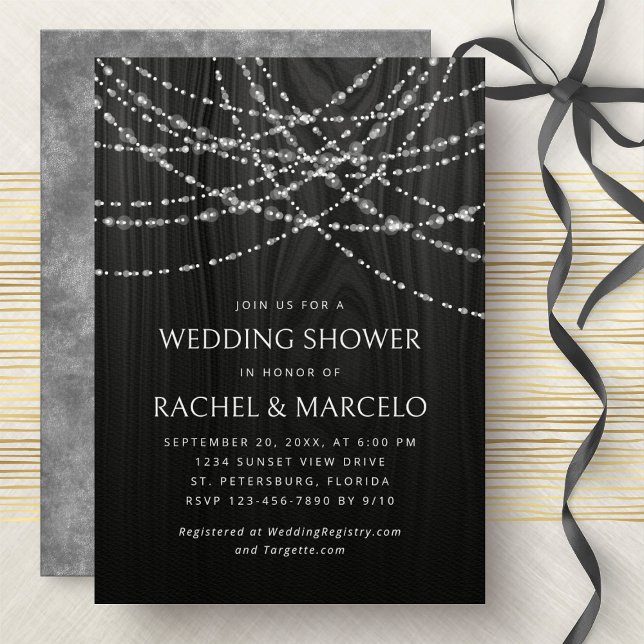 String Lights Black Rustic Couples Wedding Shower Invitation (Creator Uploaded)