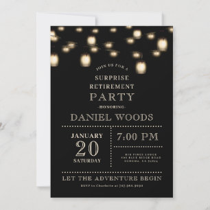 String Lights Black Surprise Retirement Party Invitation