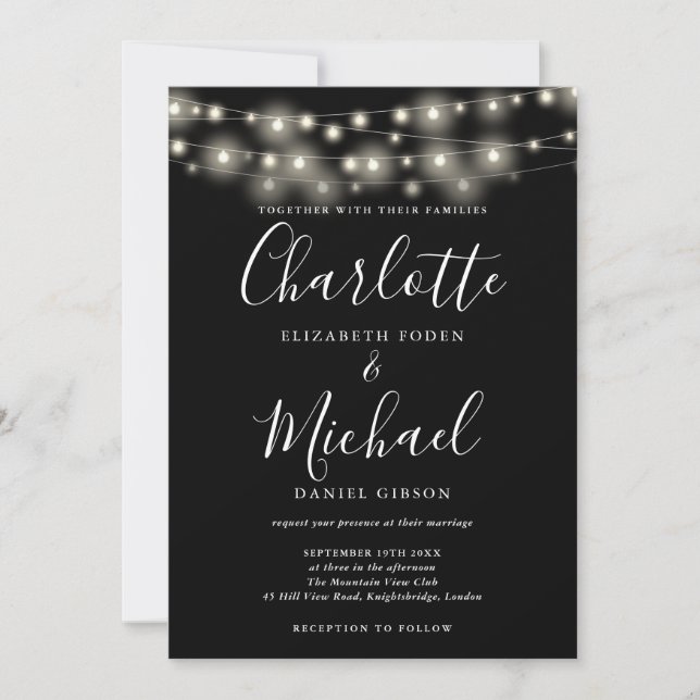 String Lights Black White Elegant Script Wedding  Invitation (Front)
