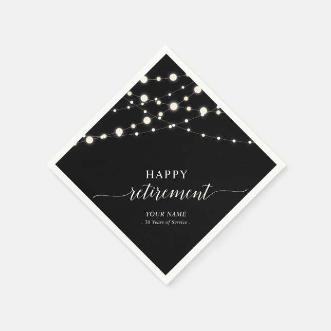 String Lights | Black & White Retirement Party Napkin (Corner)