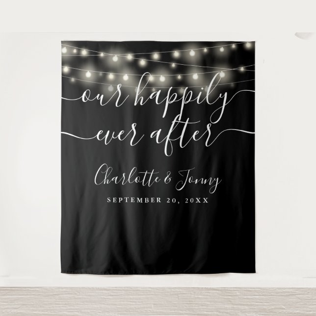 String Lights Black White Wedding Photo Backdrop Tapestry (Front)