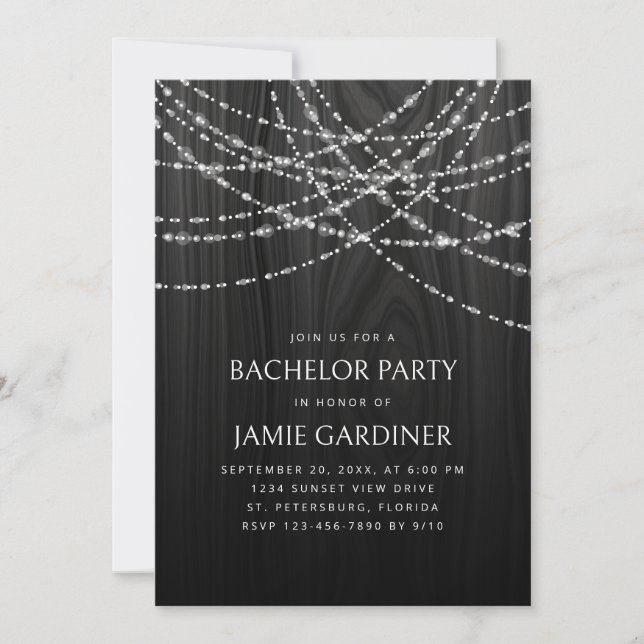 String Lights Black Wood Rustic Bachelor Party Invitation (Front)