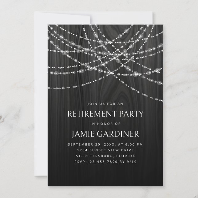 String Lights Black Wood Rustic Retirement Party Invitation (Front)