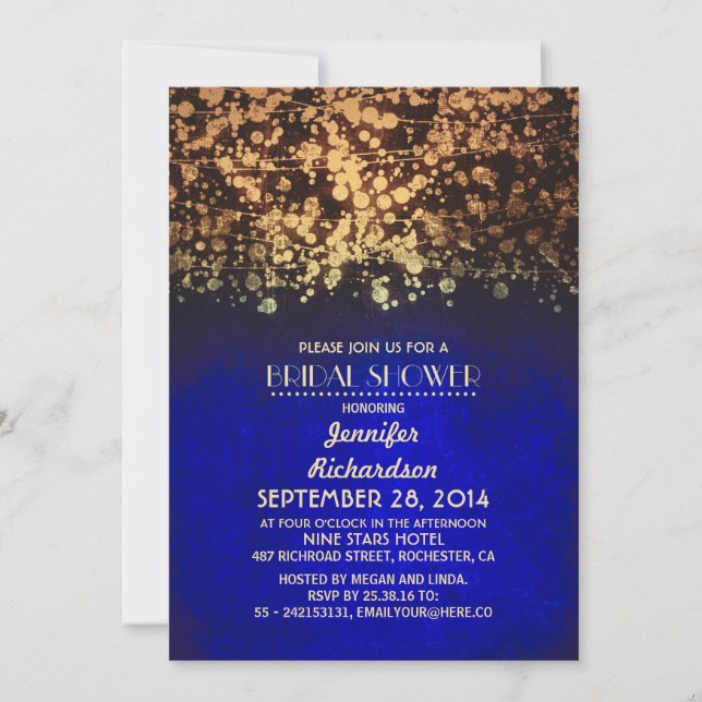 string lights blue and gold bridal shower invitation (Front)