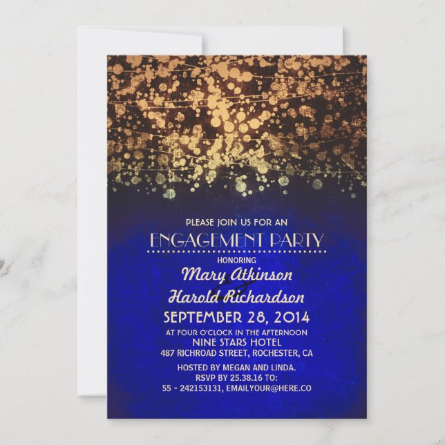 string lights blue and gold engagement party invitation (Front)