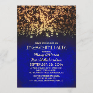 string lights blue and gold engagement party invitation