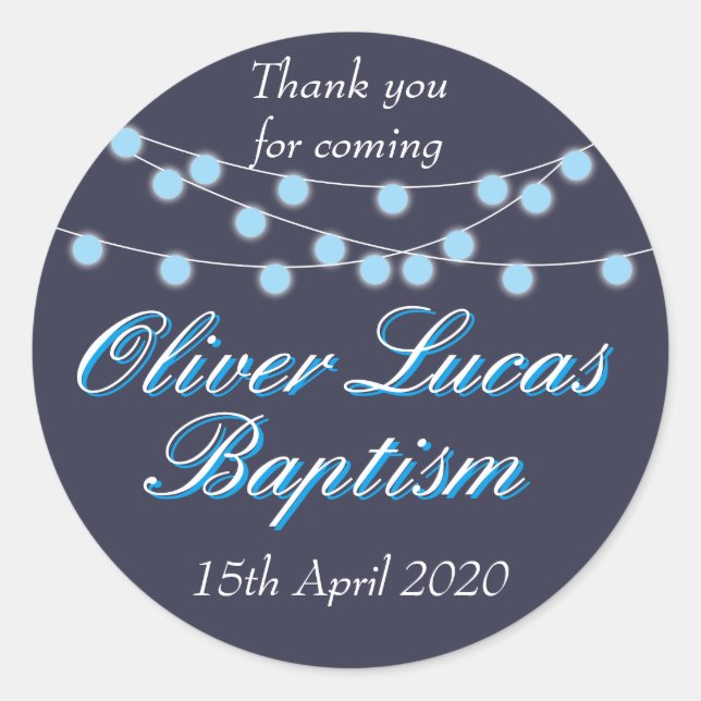 String Lights Blue Baptism Christening Favour Classic Round Sticker (Front)